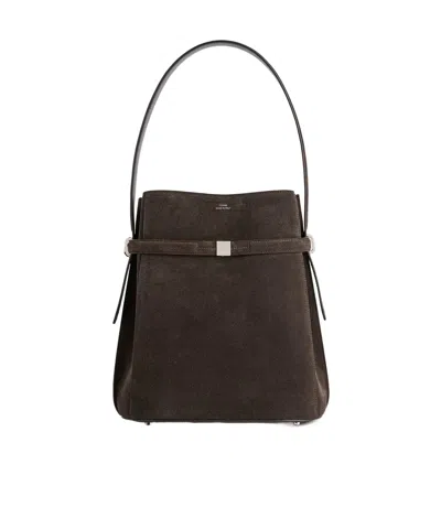 Totême Toteme Belted Suede Leather Bucket Bag In Brown