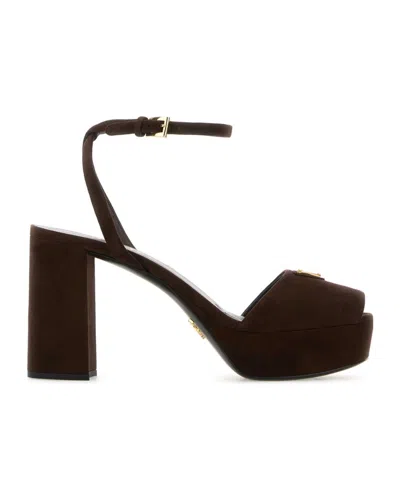 Prada Block Heel Open Toe Sandals With Suede Finish In Brown