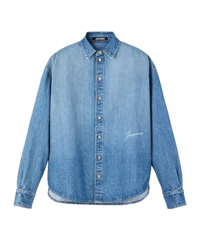 Jacquemus La Chemise De-nimes Simon With Embroidered Logo In Blue