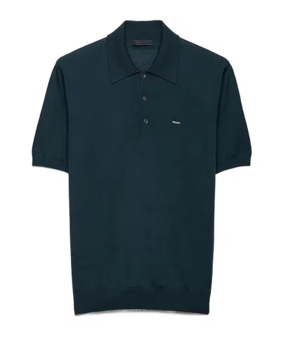 Prada Men's Superfine Wool Short-sleeve Polo Sweater In Green