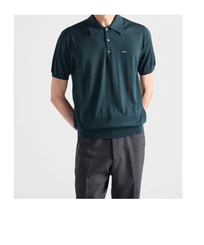 Prada Men's Superfine Wool Short-sleeve Polo Sweater In Green
