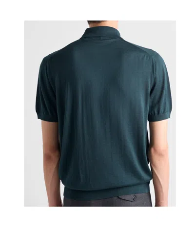 Prada Men's Superfine Wool Short-sleeve Polo Sweater In Green