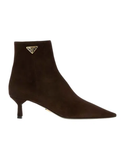 Prada Suede Ankle Boots Featuring Kitten Heel In Brown