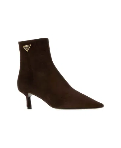 Prada Suede Ankle Boots Featuring Kitten Heel In Brown