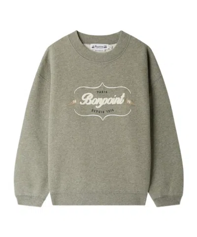 Bonpoint Tonino Sweatshirt In Grey-green With Embroidered Logo In Green