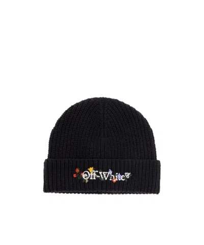 Off-white Floral Beanie With Ribbed Turn-up Brim In Black