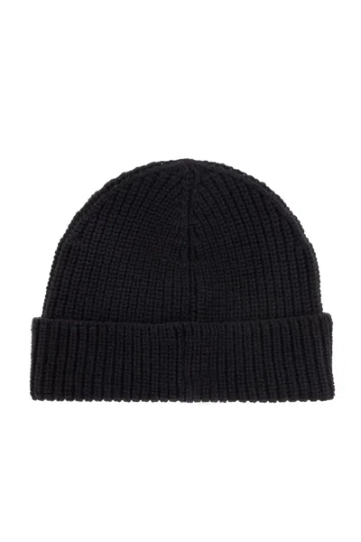 Off-white Floral Beanie With Ribbed Turn-up Brim In Black