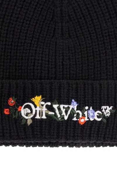 Off-white Floral Beanie With Ribbed Turn-up Brim In Black
