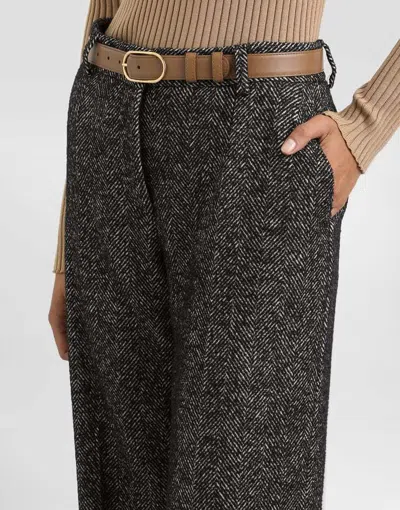 Dolce & Gabbana High Waist Herringbone Houndstooth Tailored Trousers In Black