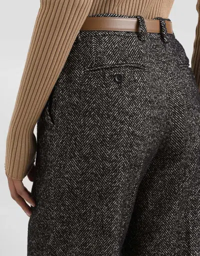 Dolce & Gabbana High Waist Herringbone Houndstooth Tailored Trousers In Black