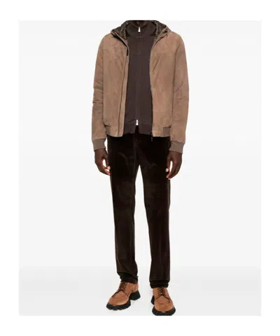 Moorer Suede Hooded Bomber Jacket In Brown