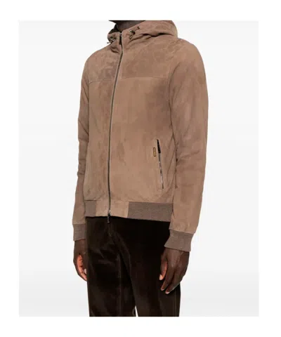 Moorer Suede Hooded Bomber Jacket In Brown