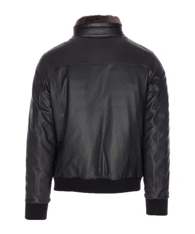 Moorer High Neck Textured Jacket With Fur Collar In Black
