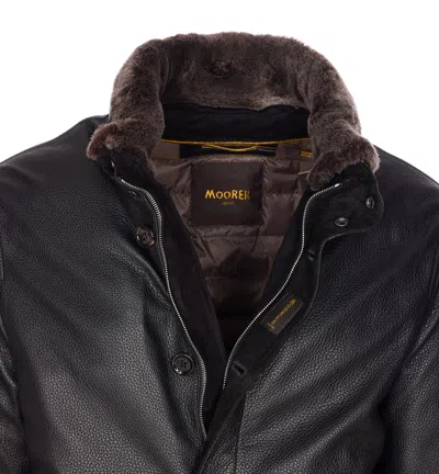 Moorer High Neck Textured Jacket With Fur Collar In Black