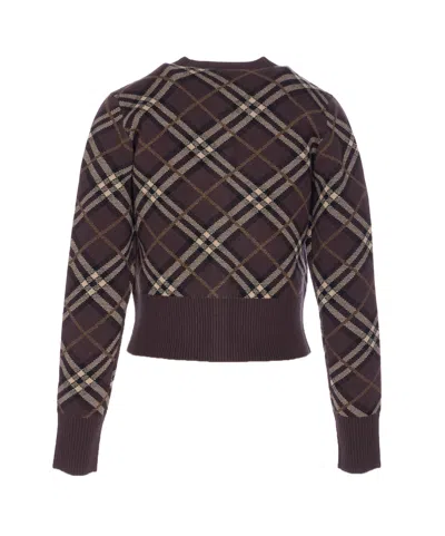 Burberry Long Sleeve Cardigan With Check Motif And Crewneck In Brown
