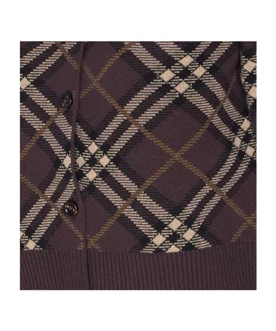 Burberry Long Sleeve Cardigan With Check Motif And Crewneck In Brown