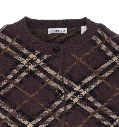 Burberry Long Sleeve Cardigan With Check Motif And Crewneck In Brown