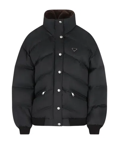 Prada Padded High Collar Coat With Zippered Pockets In Black