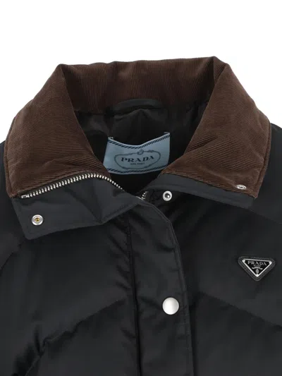 Prada Padded High Collar Coat With Zippered Pockets In Black