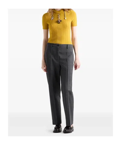 Prada Short Sleeve Wool Sweater With Charms In Yellow