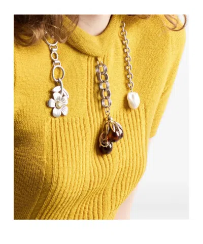 Prada Short Sleeve Wool Sweater With Charms In Yellow