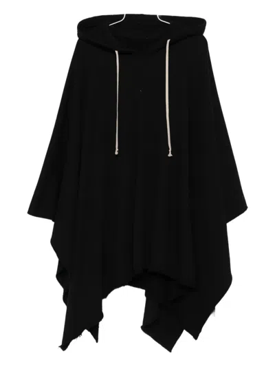 Rick Owens Drkshdw Asymmetric Hem Fleece Poncho Drawstring Hood In Black