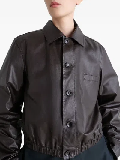 Lemaire Buttoned-up Elasticated Leather Jacket In Burgundy