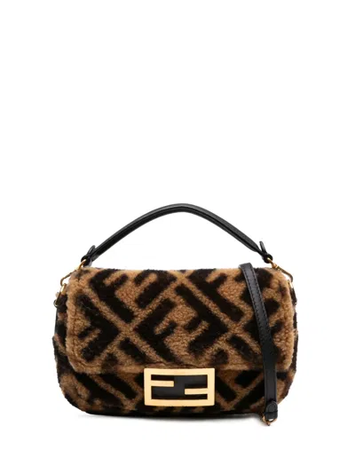 Pre-owned Fendi 2010-2025 Mini Zucca Shearling Chain Baguette Satchel In Brown