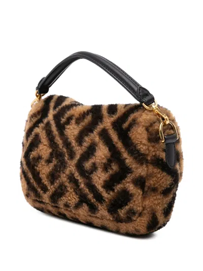 Pre-owned Fendi 2010-2025 Mini Zucca Shearling Chain Baguette Satchel In Brown
