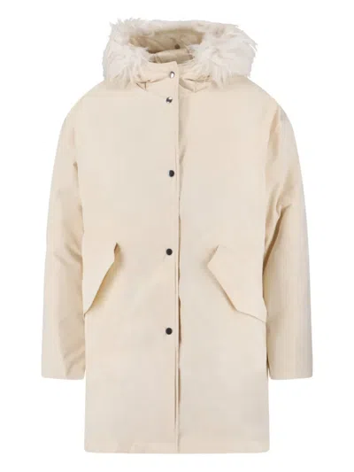 Jil Sander Hooded Longline Jacket With Faux Fur Trim In Neutral