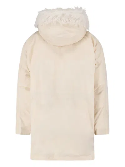 Jil Sander Hooded Longline Jacket With Faux Fur Trim In Neutral
