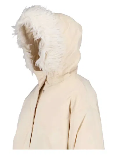 Jil Sander Hooded Longline Jacket With Faux Fur Trim In Neutral