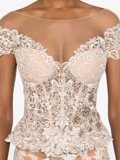 Gemy Maalouf Bead-embellished Lace Top In Neutral