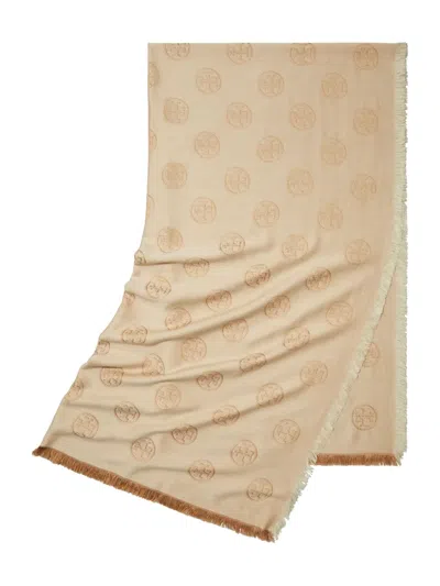 Tory Burch Scarf With Logo Medallion Pattern In Neutral