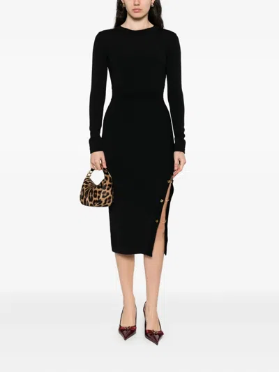 Elisabetta Franchi Midi Dress With Side Slit And Buttons In Black