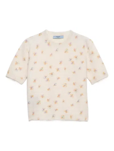 Prada Womens Yellow Floral-intarsia Short-sleeved Wool Jumper In Neutral