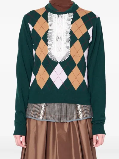 菱形纹蕾丝拼接毛衣