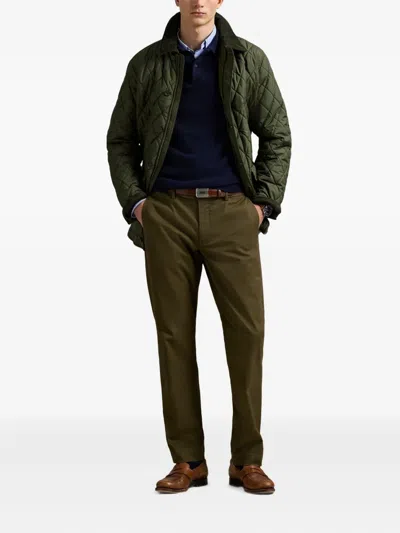 Polo Ralph Lauren Green Jacket With Corduroy Collar And Logo Patch On The Sleeve In Cotton Man In Green