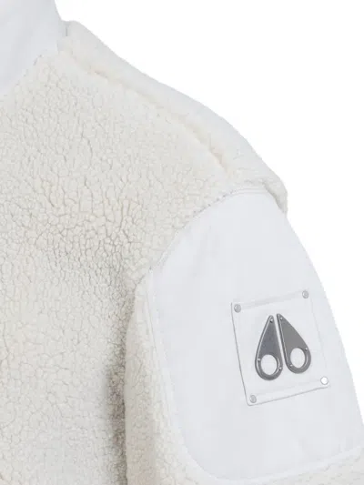 Moose Knuckles Textured Fleece Jacket With Smooth Fabric Panels And High Collar In White
