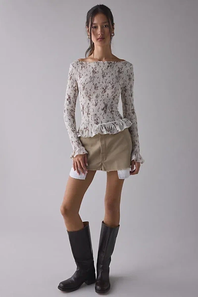 Kimchi Blue Susie Smocked Ruffle Boatneck Long Sleeve Top In Brown, Women's At Urban Outfitters In White