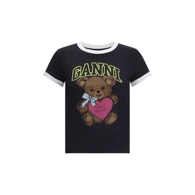 Ganni Graphic Print Crew Neck Short Sleeve Top In Black