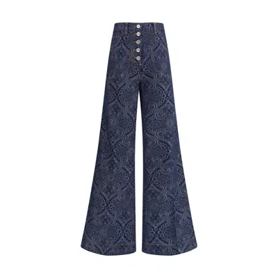 Etro Flared Jacquard Denim Jeans With Pegaso Buttons In Blue