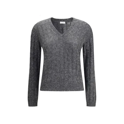 Brunello Cucinelli Textured Ribbed V-neck Sweater With Sparkling Details In Gray