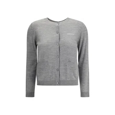 Gucci Grey Cardigan With Round Neck And Logo Lettering Embroidery On The Front In Cashmere And Silk Woman In Gray