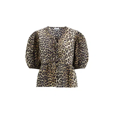 Ganni Leopard Cotton Shirt In Animal Print