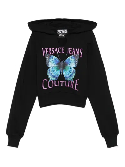 Versace Jeans Couture Cropped Black Sweatshirt With Butterfly Graphic In Black