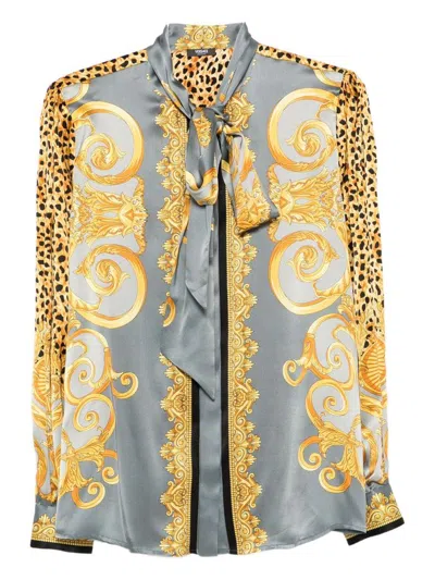 Versace Multicolor Shirt With Pussybow Collar And Leopard Motif In Silk Woman In Multi