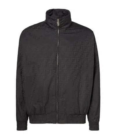 Fendi Men Black Jacket With High Neck And All-over Ff Motif In Tech Fabric Man In Black
