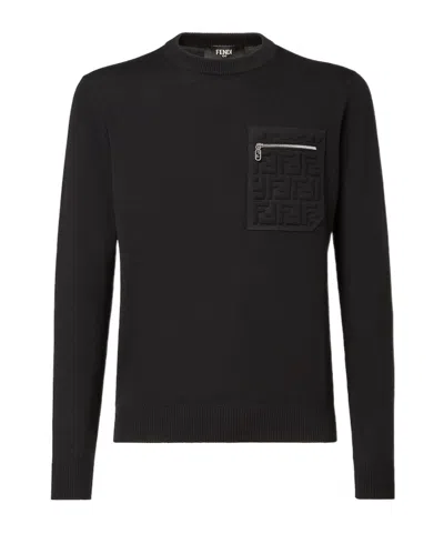 Fendi Regular Fit Wool Blend Pullover With Pockets In Black