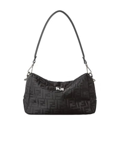 Fendi Black Leather And Black Ff Nylon Bag In Black